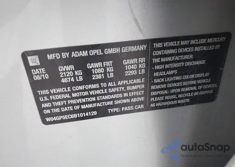 2011 Buick Regal Cxl Russelsheim from USA, damaged, VIN W04GP5EC6B1014129